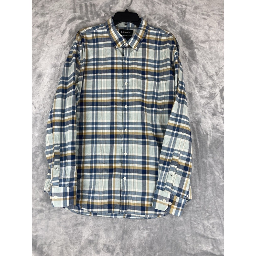 Bonobos Mens Shirt ‎ XL Plaid Button Down Check Blue Work Long Sleeve Slim Fit